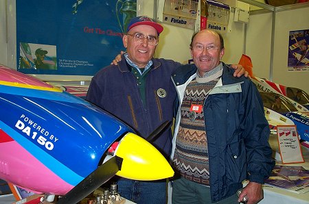 Renee Huquet and Jacque Paysant-le Roux (CPLR's Dad) next to mammoth TOC aerobat powered by a 150cc motor. Renee is founder of Cherbourg Model Express.